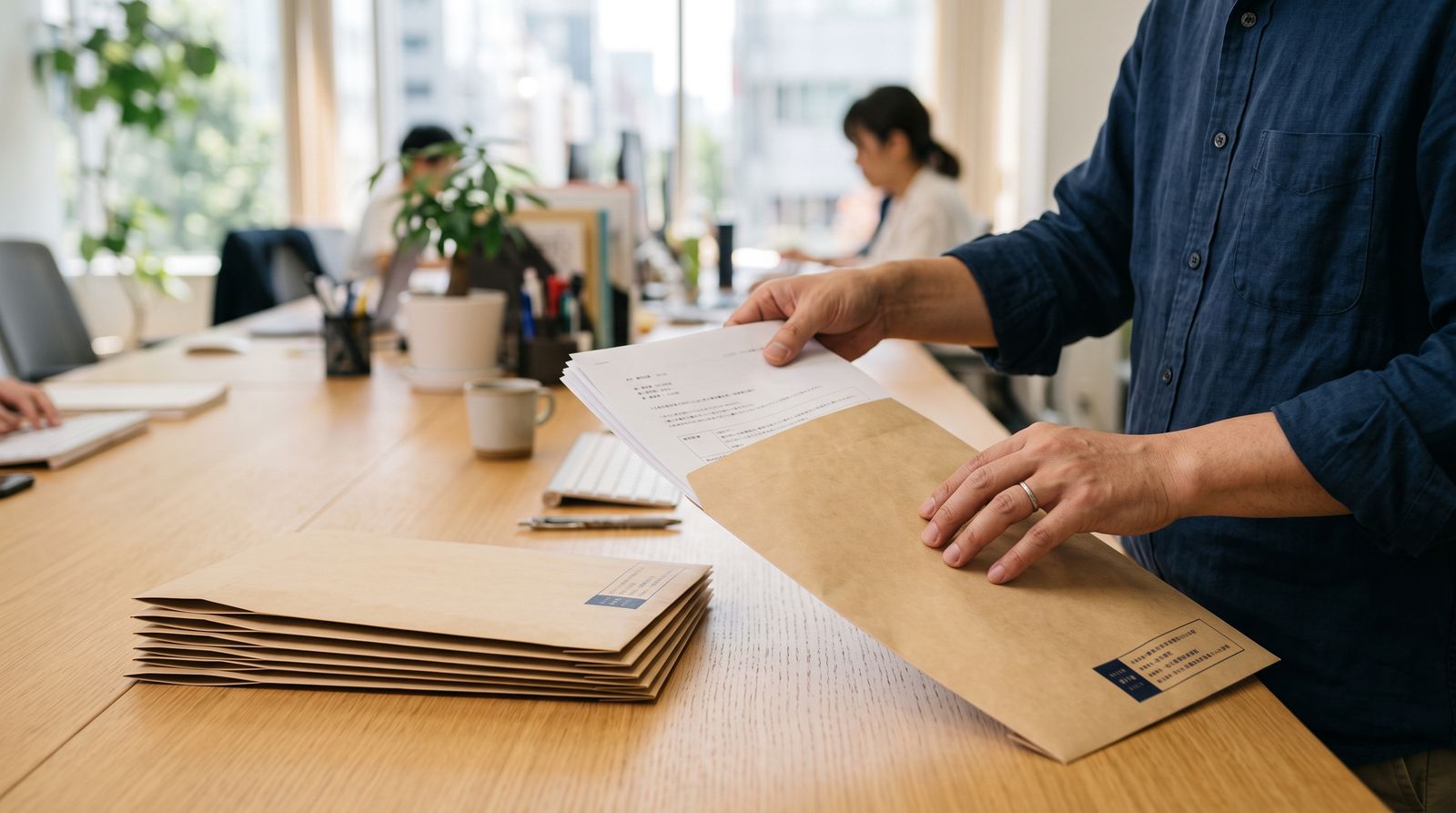 事務所で社名入りのクラフト封筒に書類を入れているところ