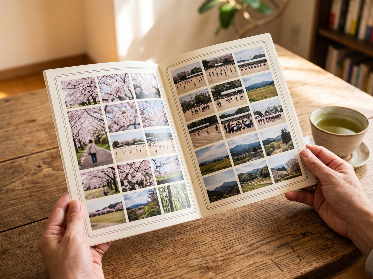 写真がたくさん載った記念誌を手に持って読んでいる