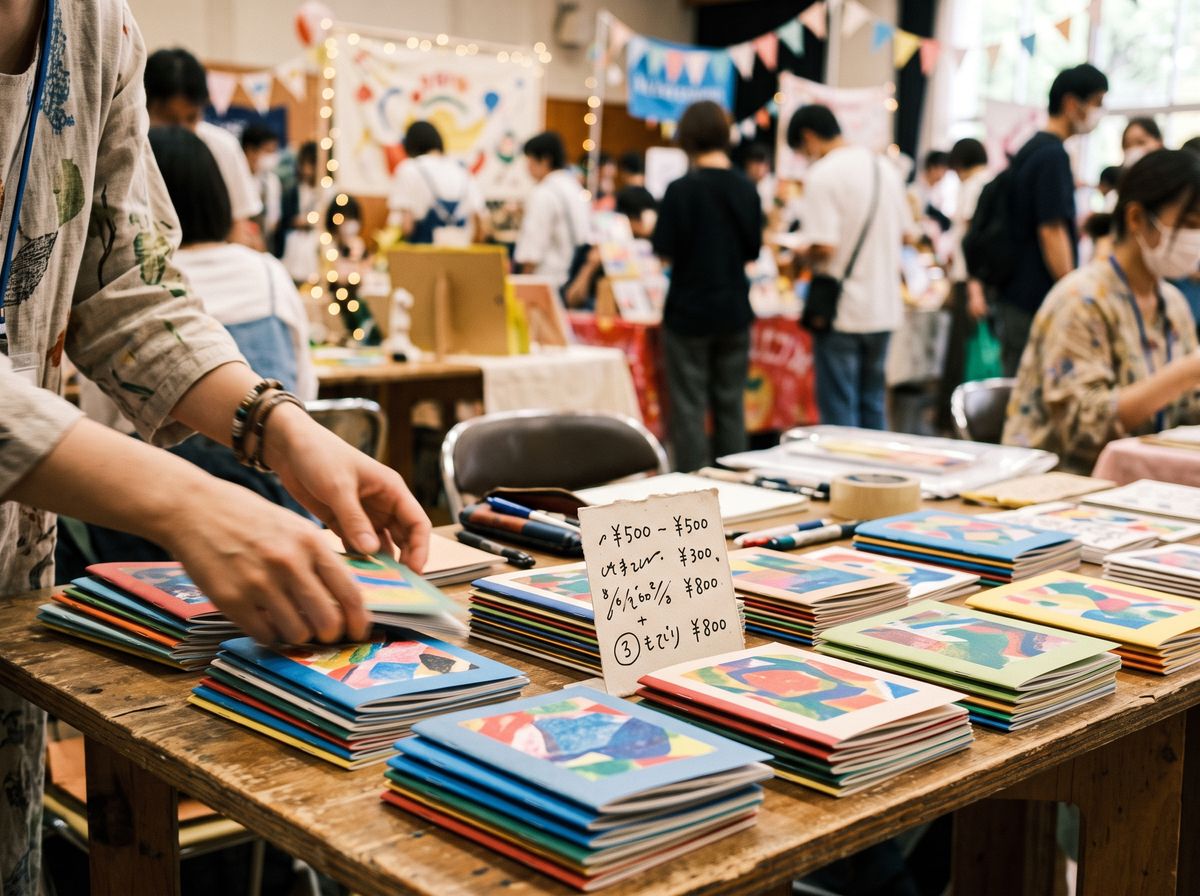 即売会の机に並んだ手づくりの冊子